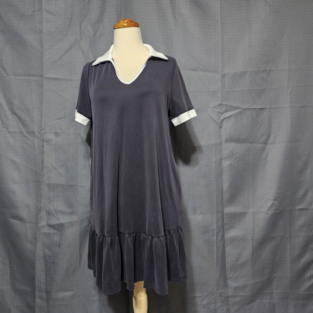 Ces Femme Gray Contrast Collar Ruffle Swing Dress Small